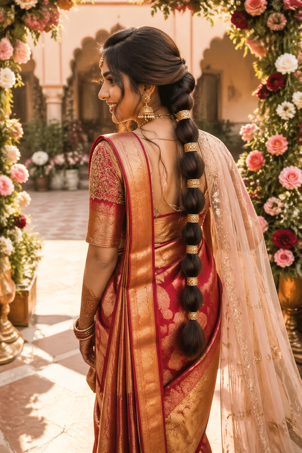 Bride with rope-braid ponytail and gold cuffs in sunlit courtyard