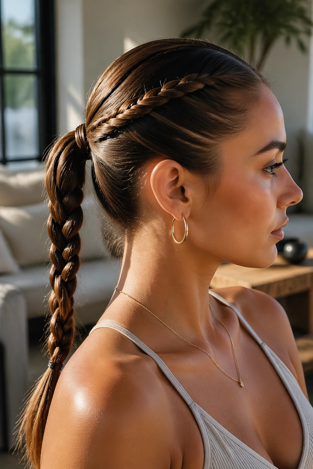 Close-up of a real woman with a rope twist leading into a mid ponytail braid