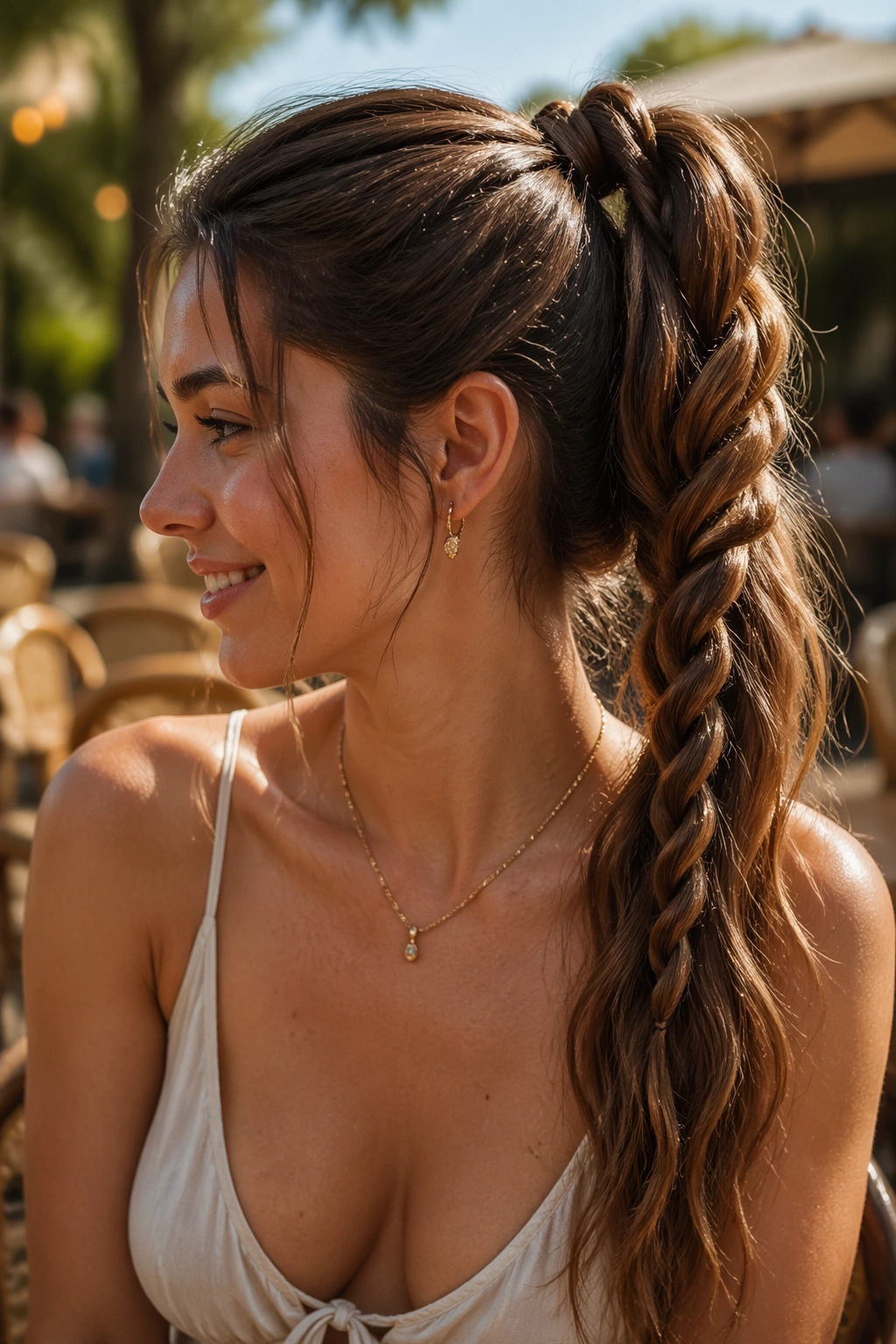 Close-up of a woman with a rope-braid ponytail showing the distinctive twisted pattern.