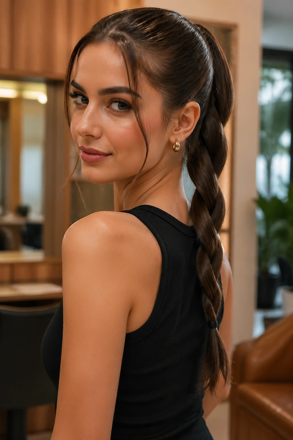 Close-up of rope-braid ponytail on a real woman