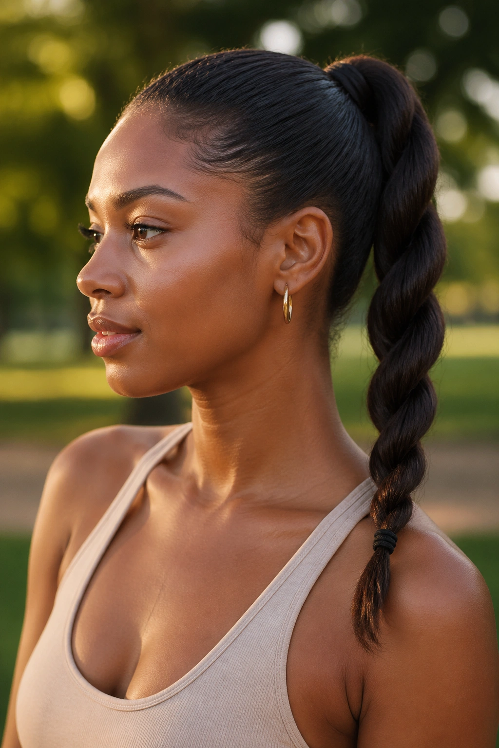 Close-up of a woman with a rope braid ponytail forming a clean spiral