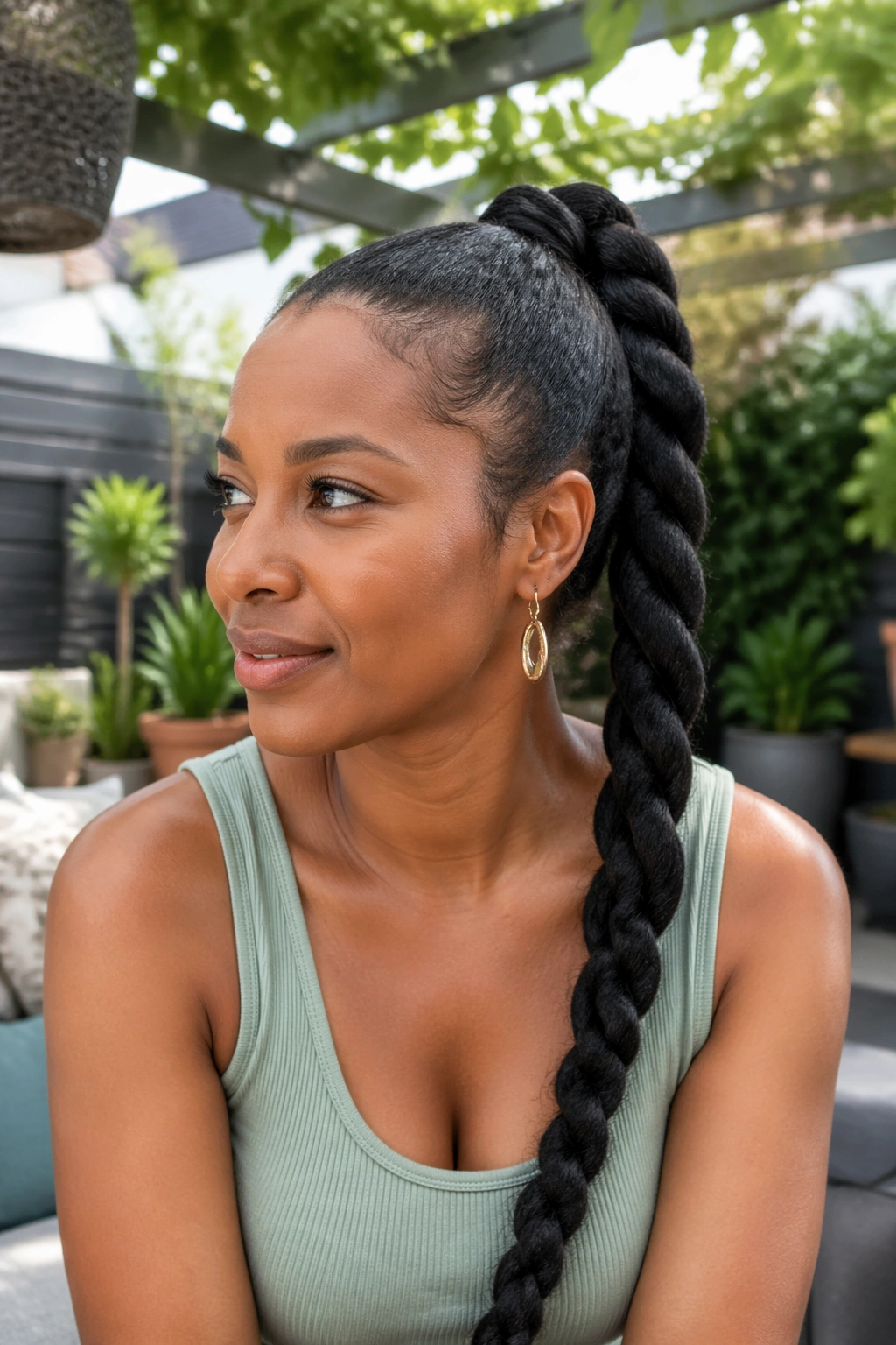 Real woman with a rope braid ponytail.