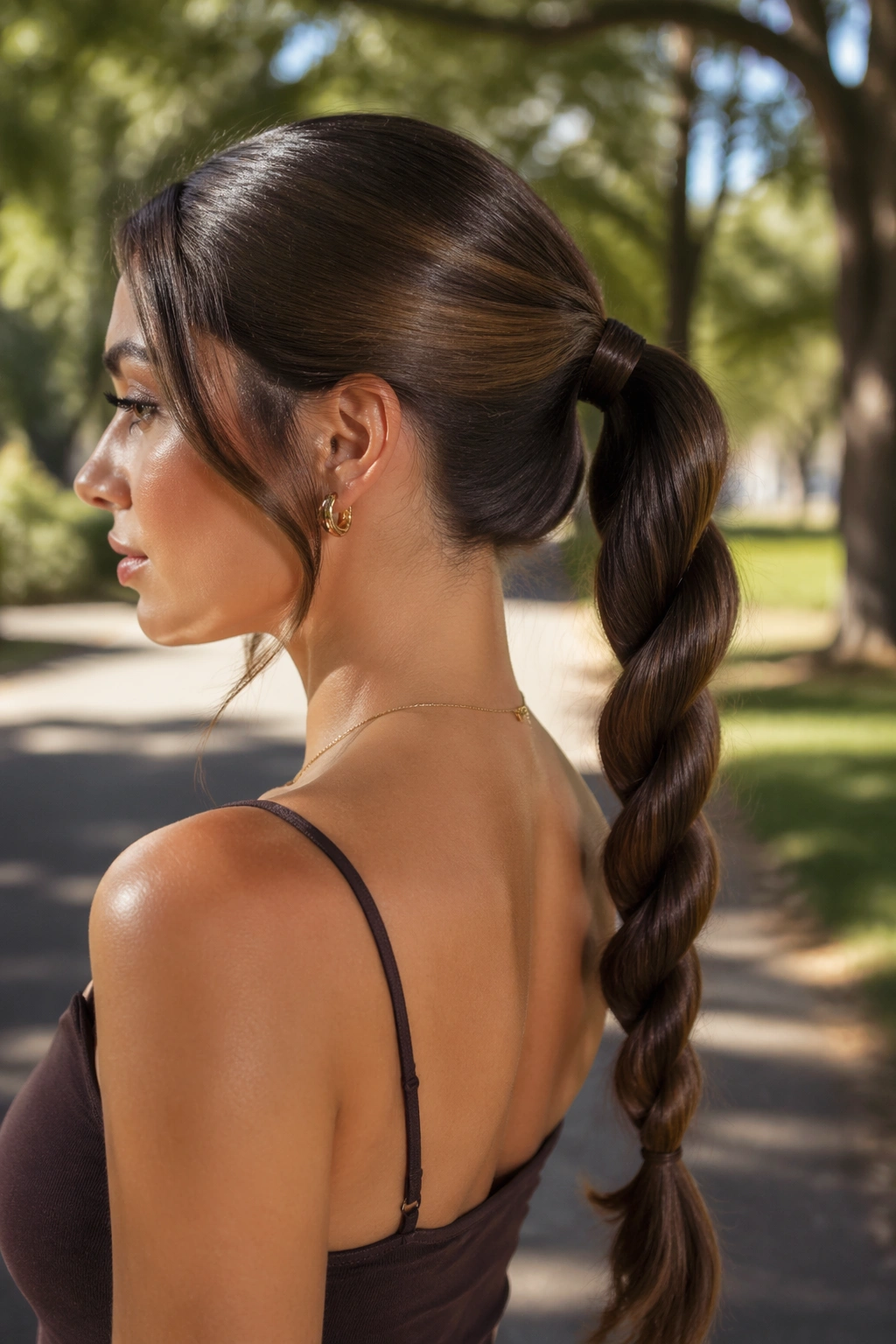 Close-up of a real woman with a rope-braid ponytail on long brown hair in an outdoor park