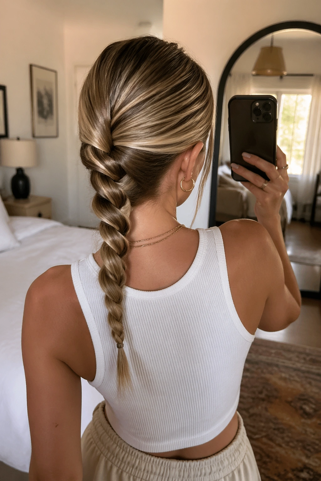 Rope braid ponytail seen from over-the-shoulder in mirror selfie