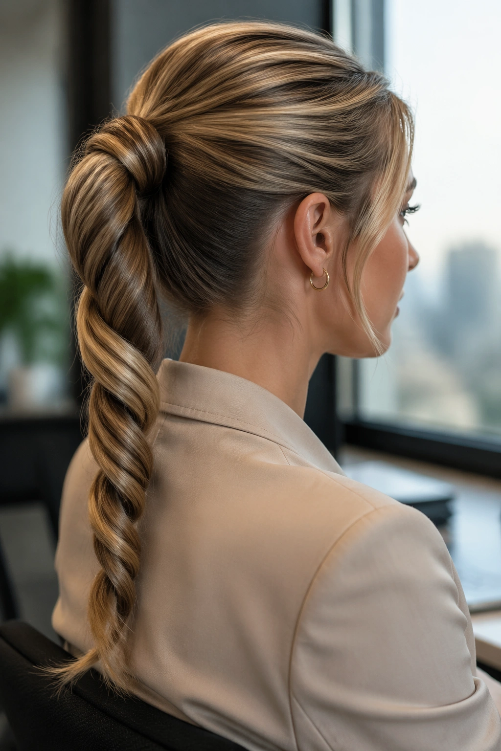 Close-up of a real woman with a rope-braid ponytail in a softly lit office setting