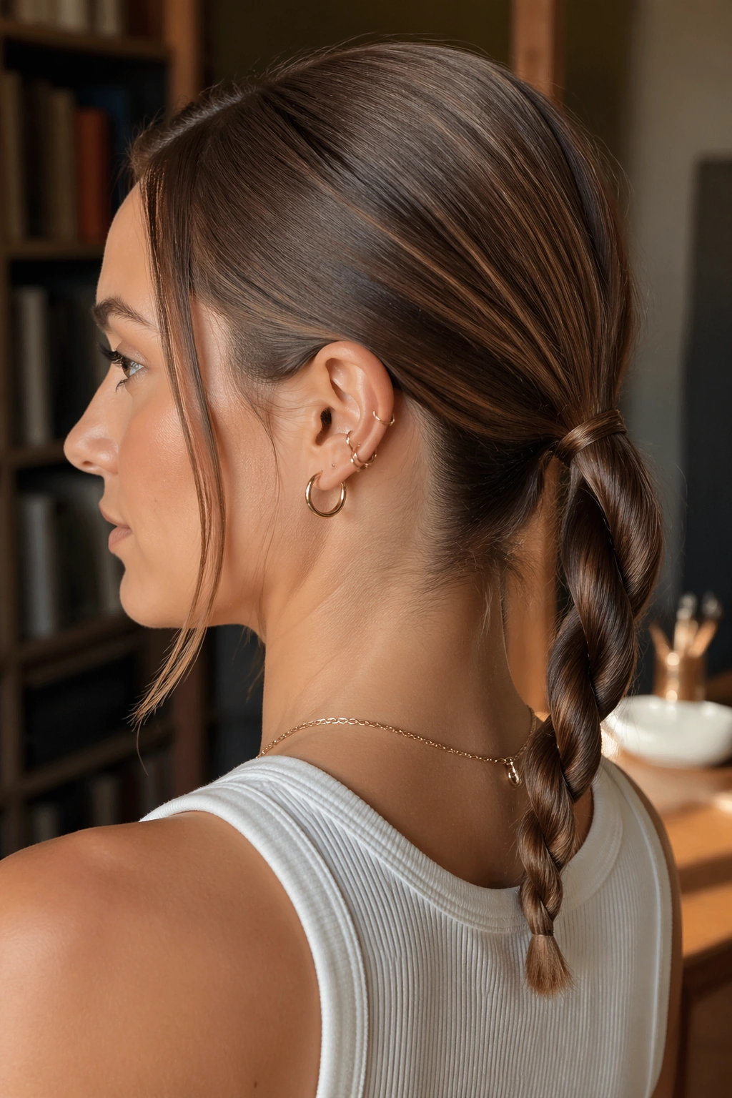 Close-up of a real woman with a rope-braided ponytail on a short hair style