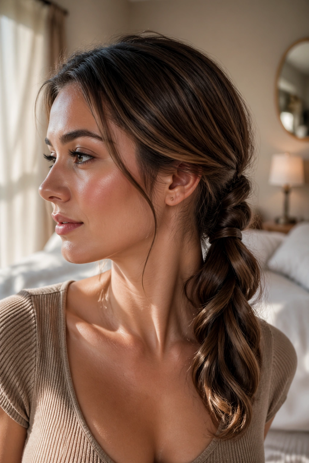 Close-up of a rope-braid low ponytail on a real woman in warm bedroom light