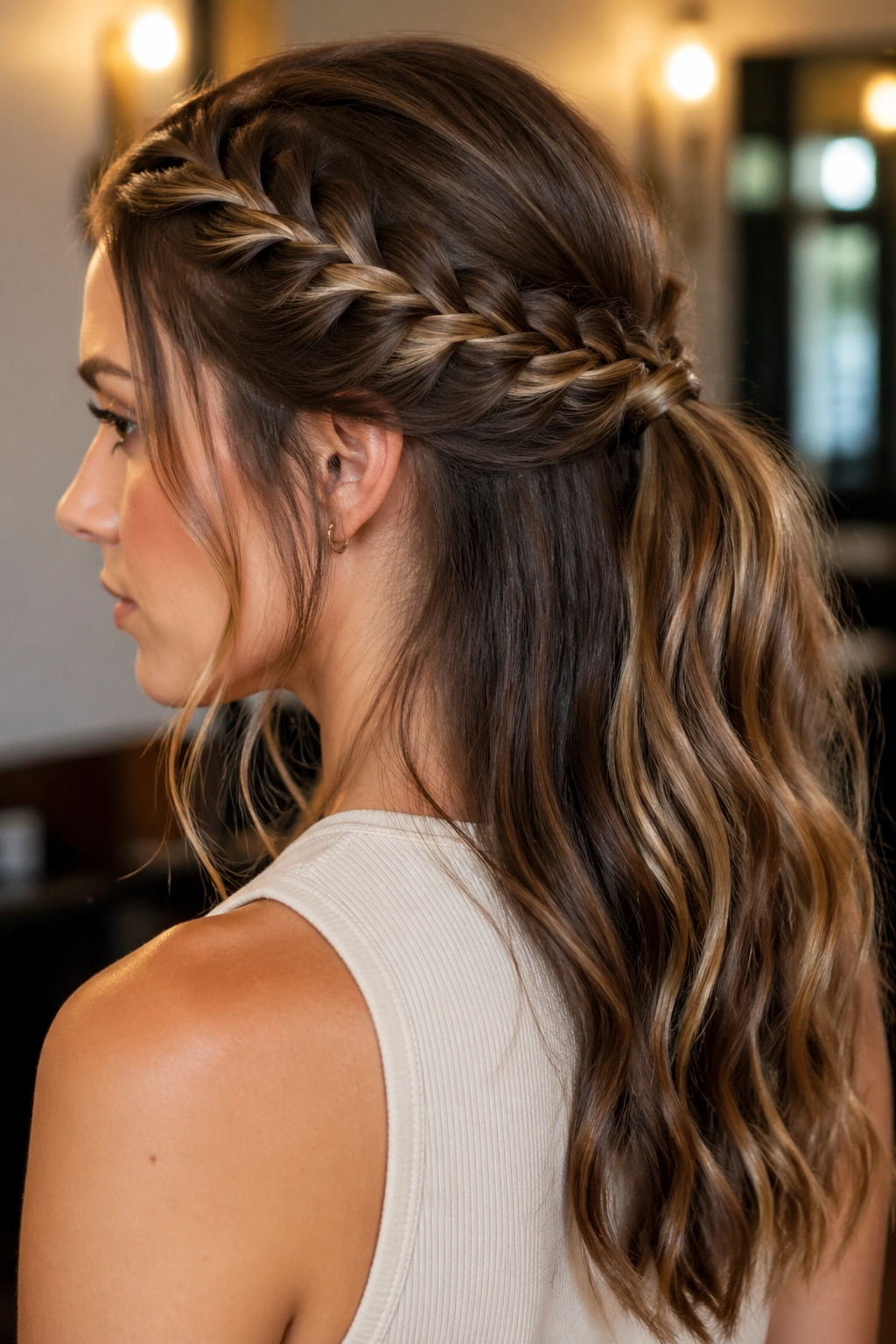 Close-up of a real woman with rope braid half up ponytail