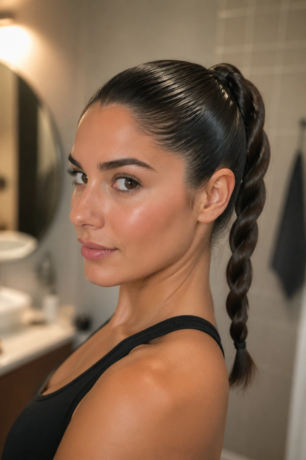 Close-up portrait of a real woman with a rope braid ponytail showing a neat spiral.