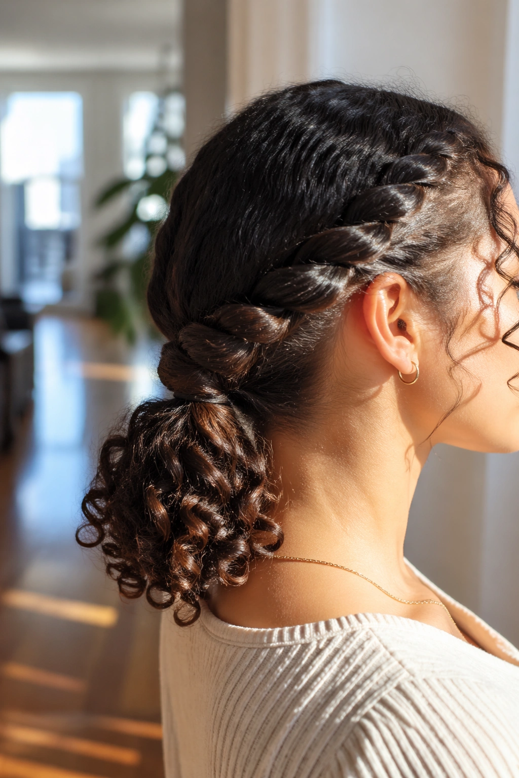 Close-up of rope braid ponytail on shorter curly hair