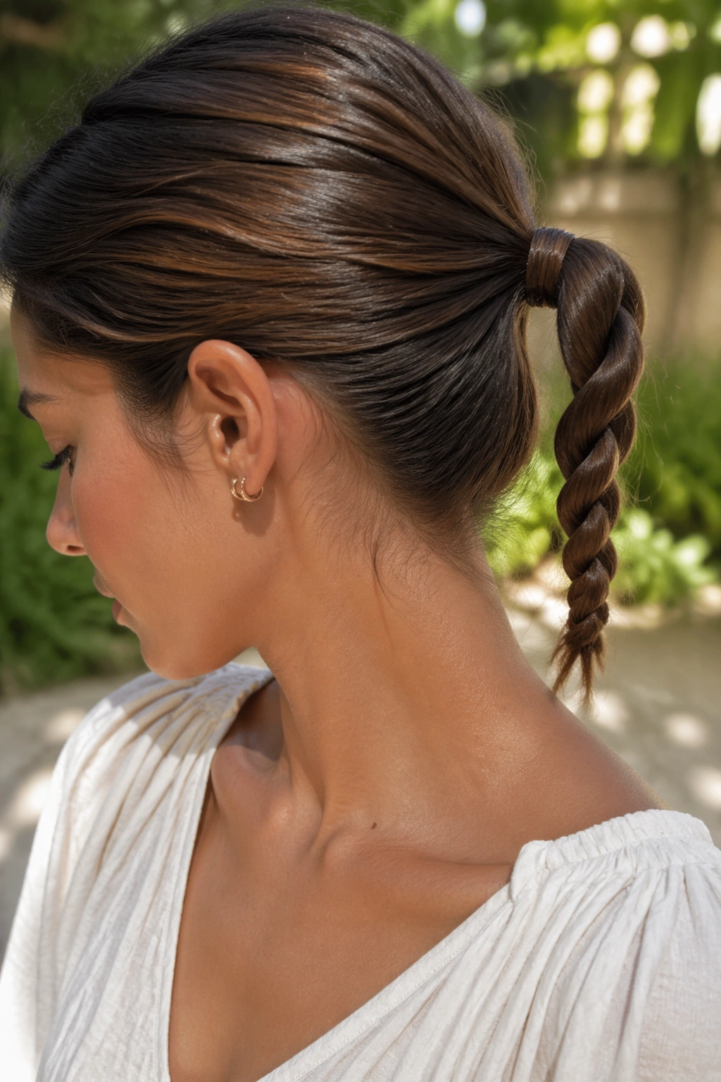 Close-up of a real woman with a rope braid ponytail in a sunlit garden.
