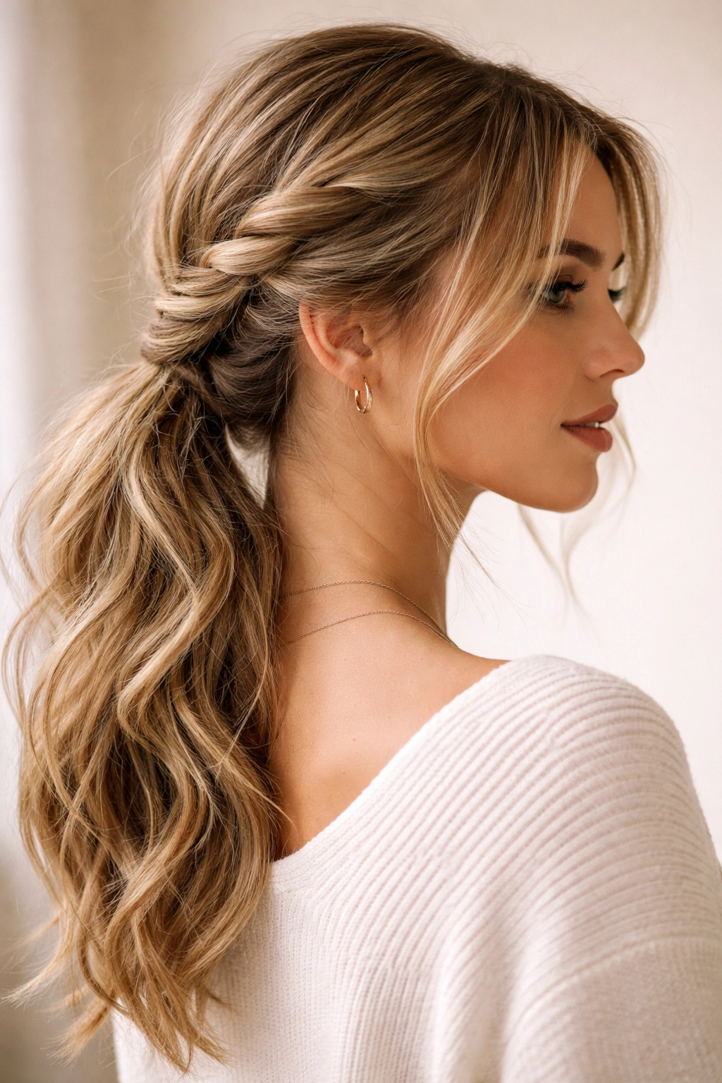 Side view of a rope braid ponytail along the side terminating in a low, off-center ponytail.
