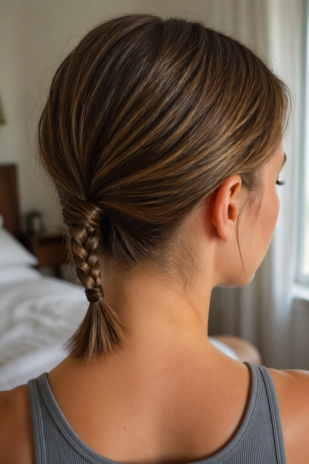 Close-up of real woman with rope-braid ponytail on short hair at the nape.