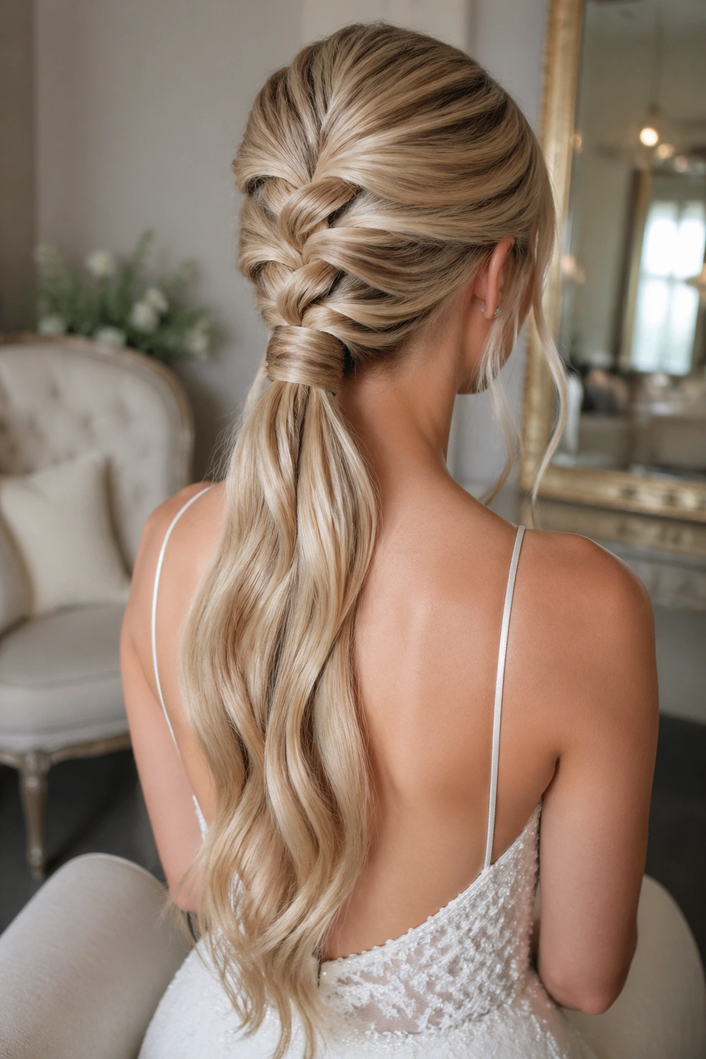 Back view of a bride's rope-braid ponytail showing the rope twist running into a neat ponytail.