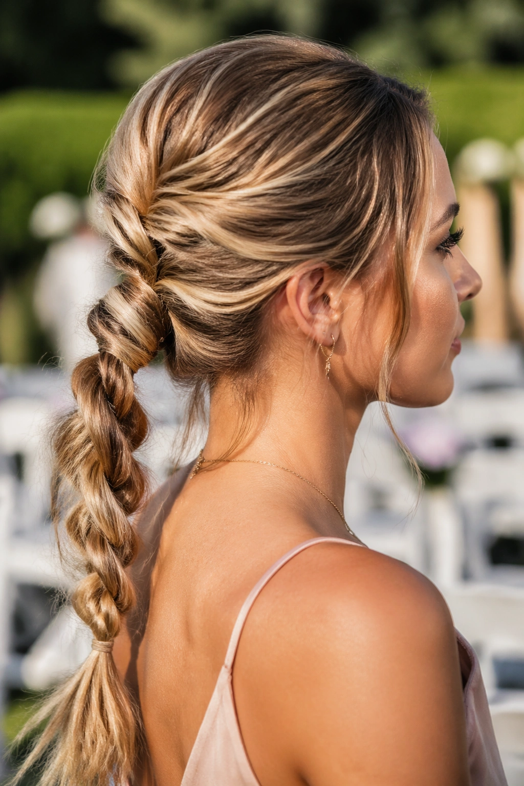 Close-up of real woman with rope-braid ponytail in outdoor garden light