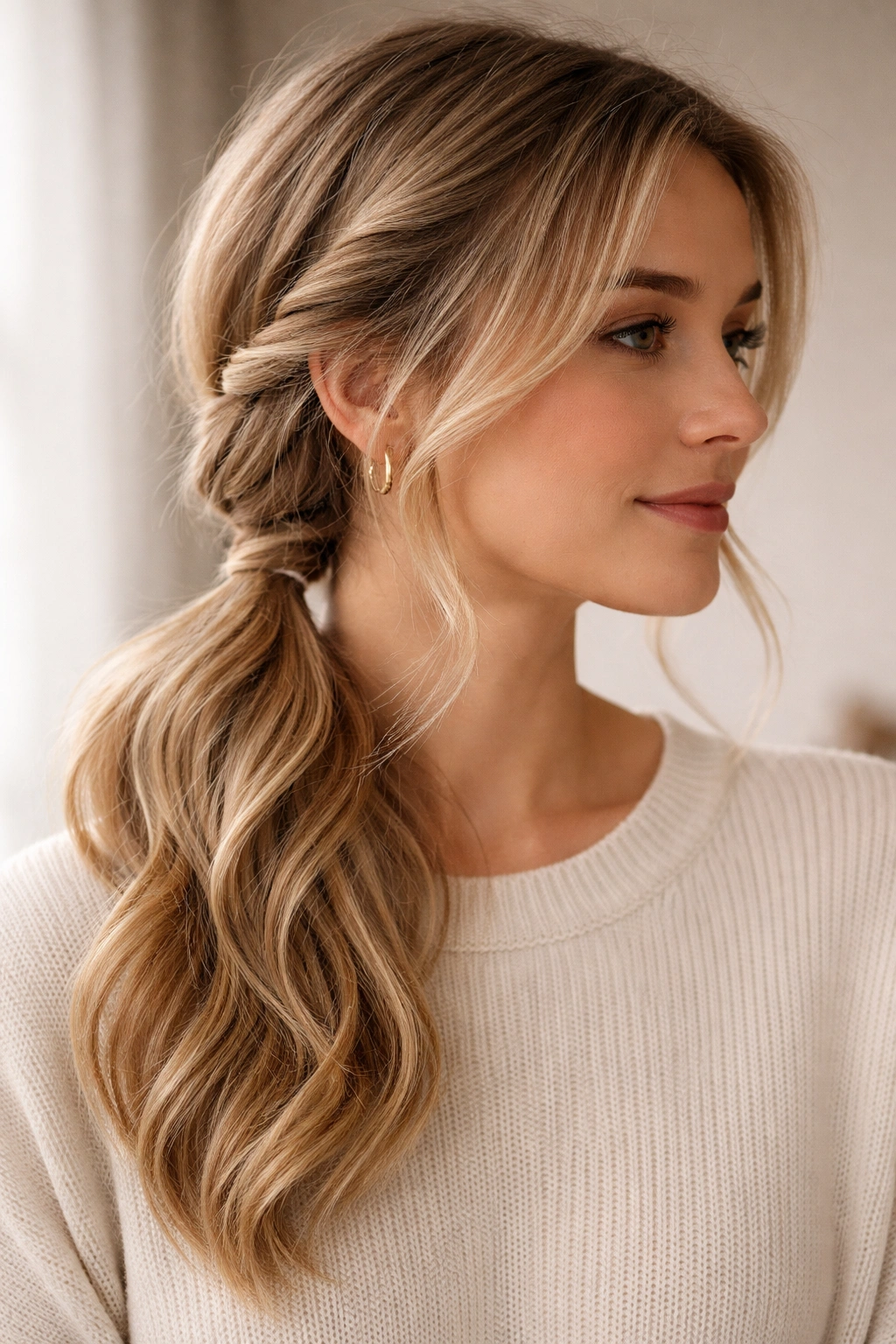 Rope braid side ponytail with neat twists