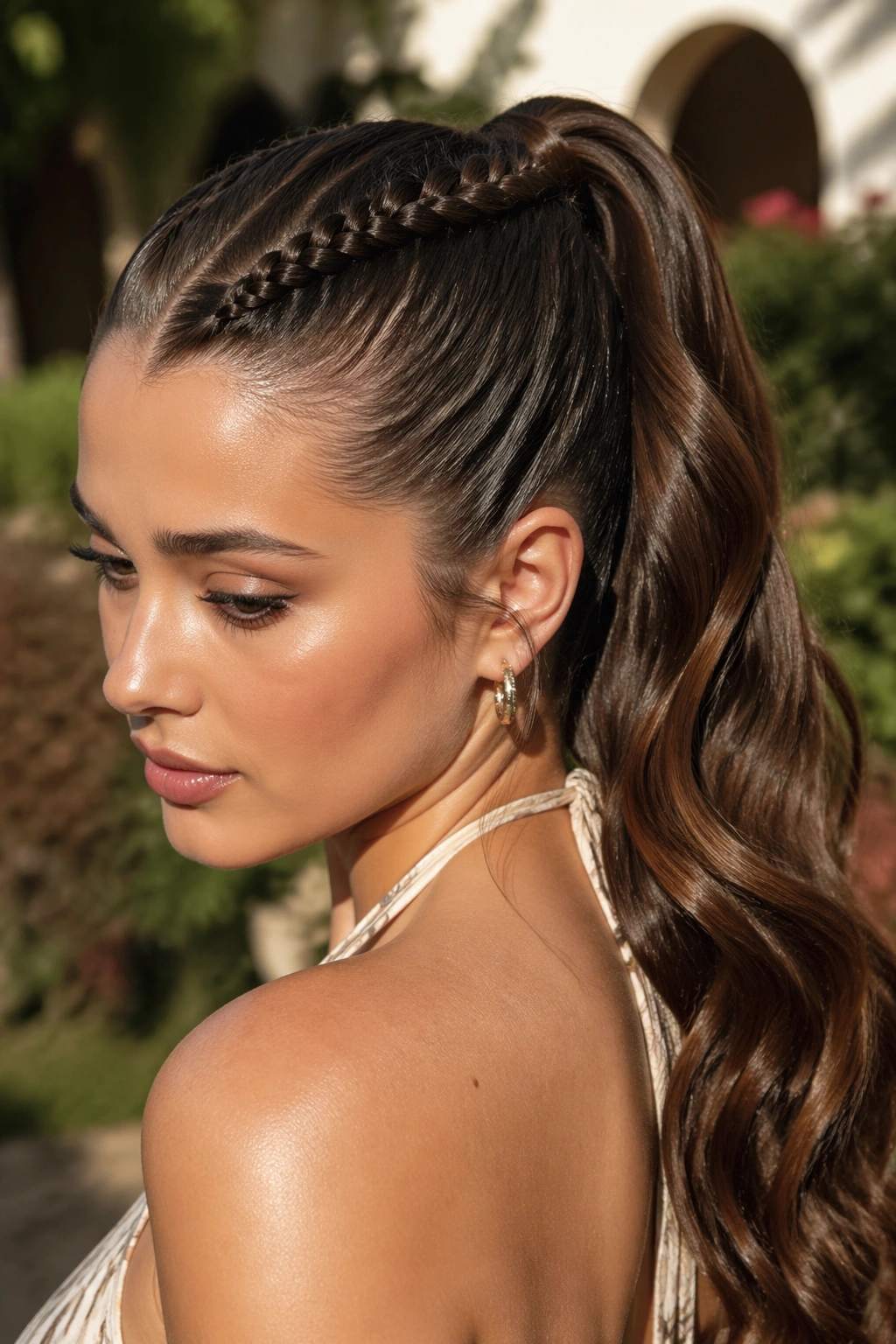 Portrait of a woman with rope-braid swoop ponytail