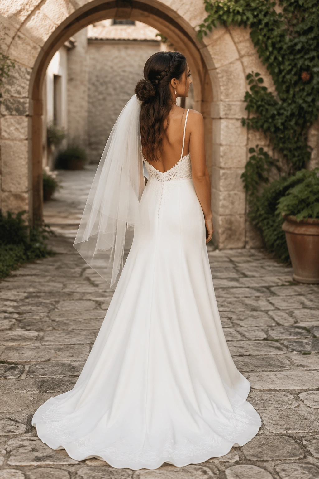 Hero shot of rope braid wrap with low puff in historic venue courtyard.