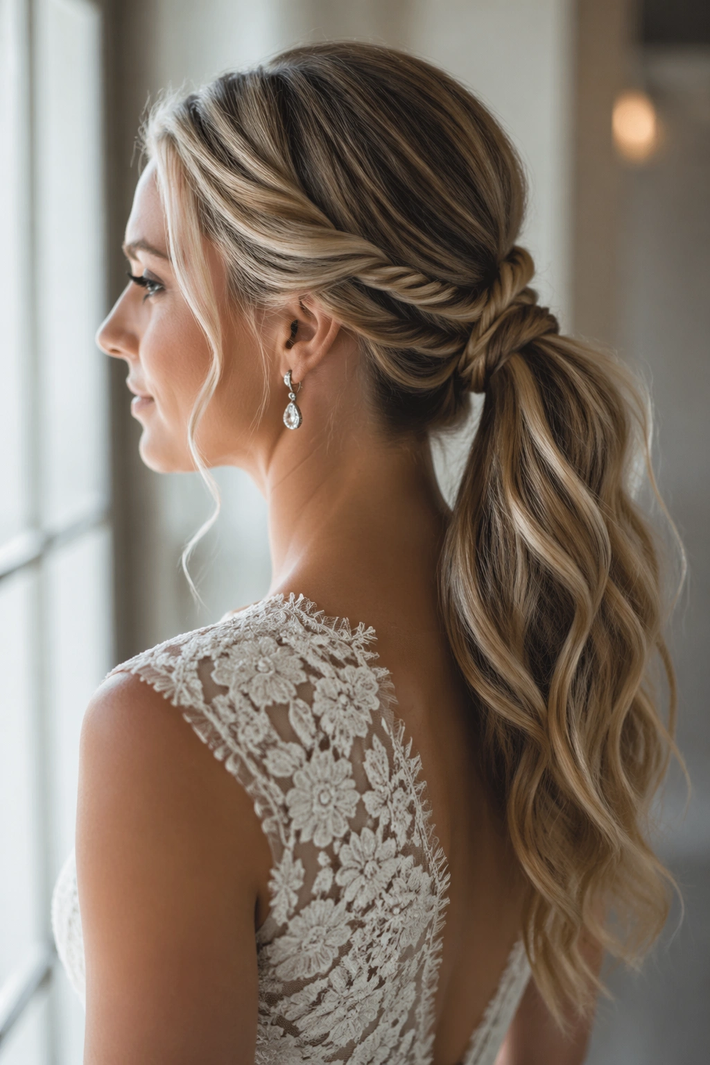 Side-profile shot of rope-braid wedding ponytail