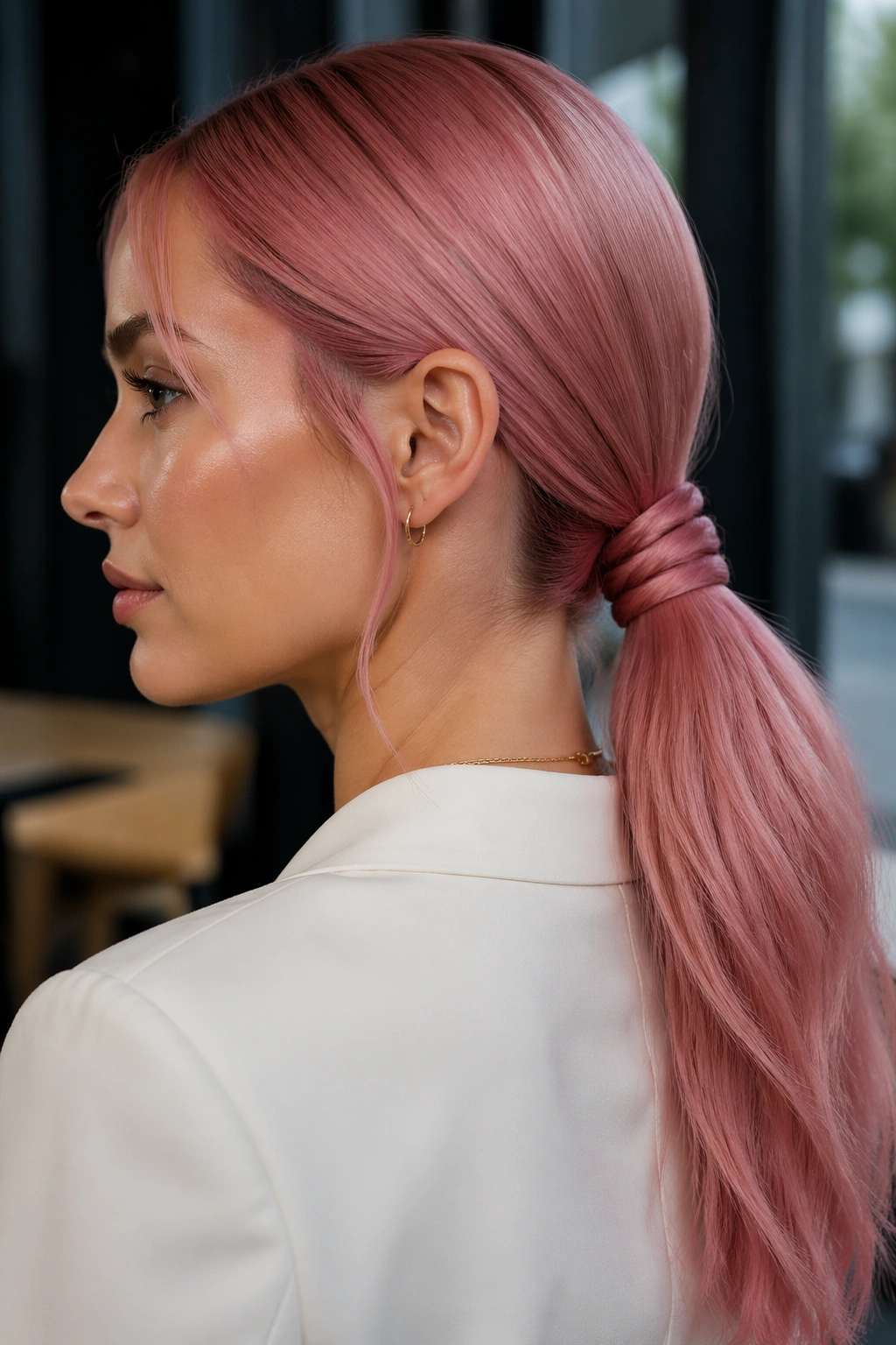 Close-up of a low pink ponytail with rope-braid wrap