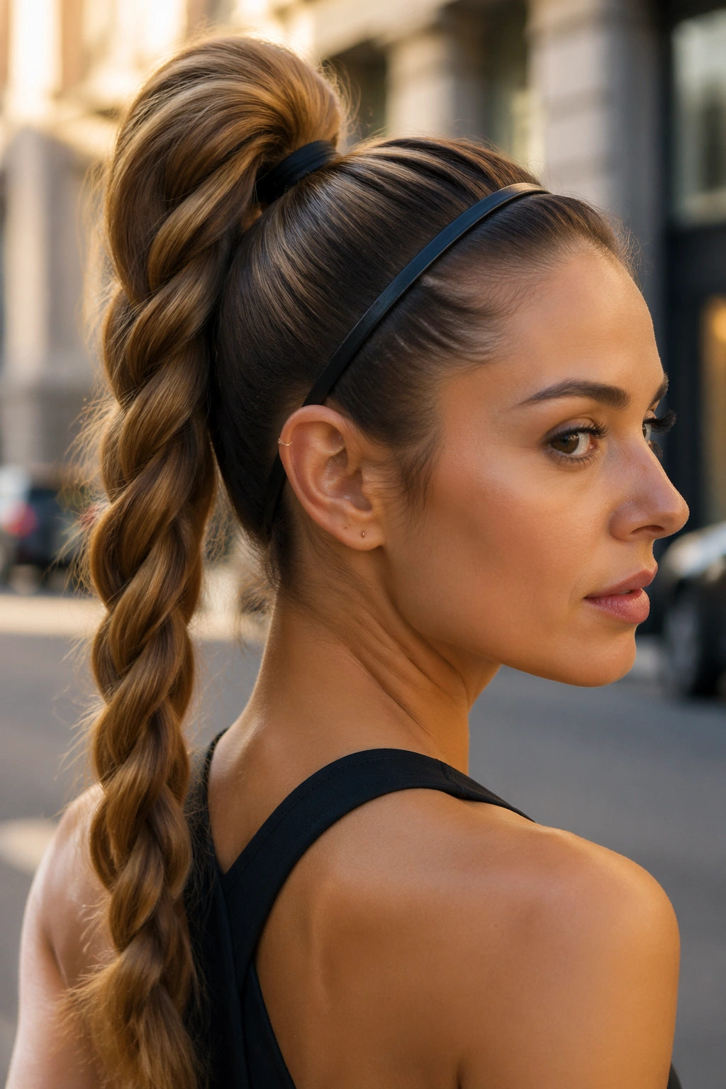 Real woman portrait with rope braided high ponytail and skinny headband