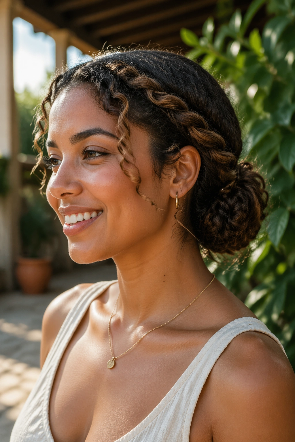 Medium close-up of two-strand rope braids forming a low bun outdoors