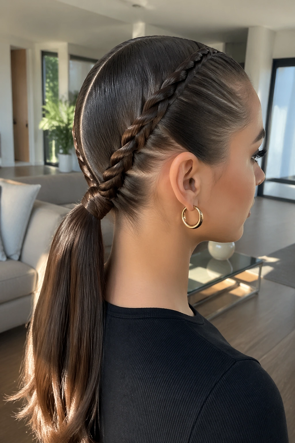 Rope braids into a glossy low ponytail on a real person
