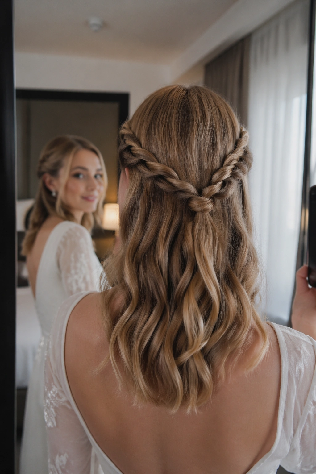 Over-the-shoulder view of Double Rope Braids into Center-Length Waves in hotel room mirror