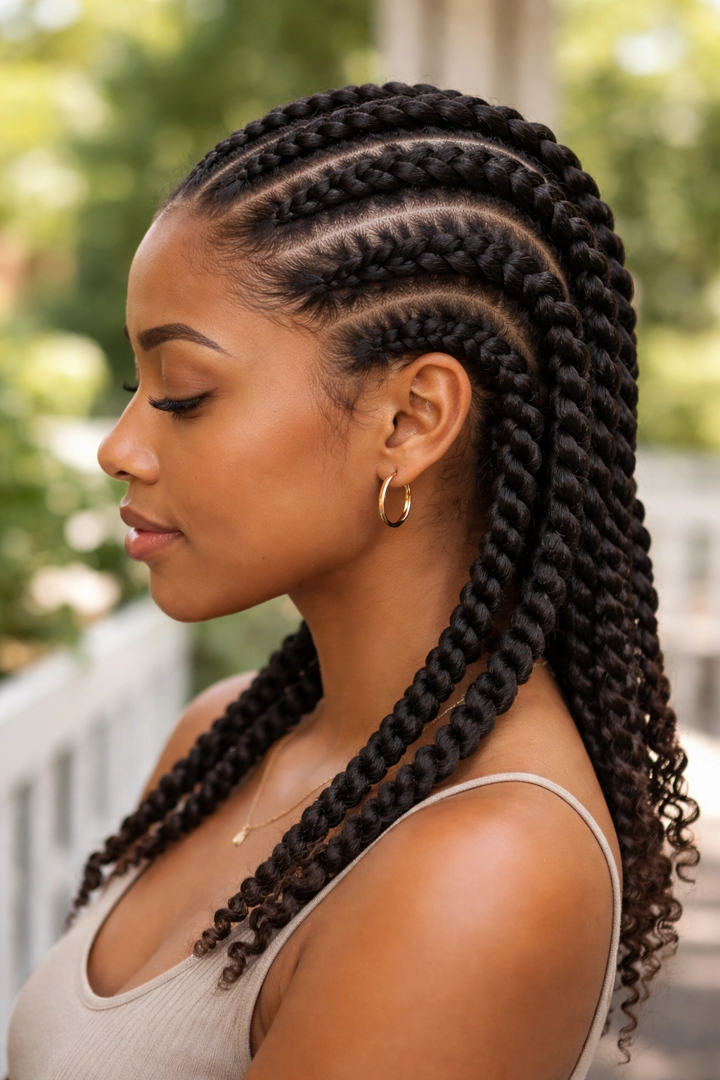 Real woman with three-strand rope cornrows.