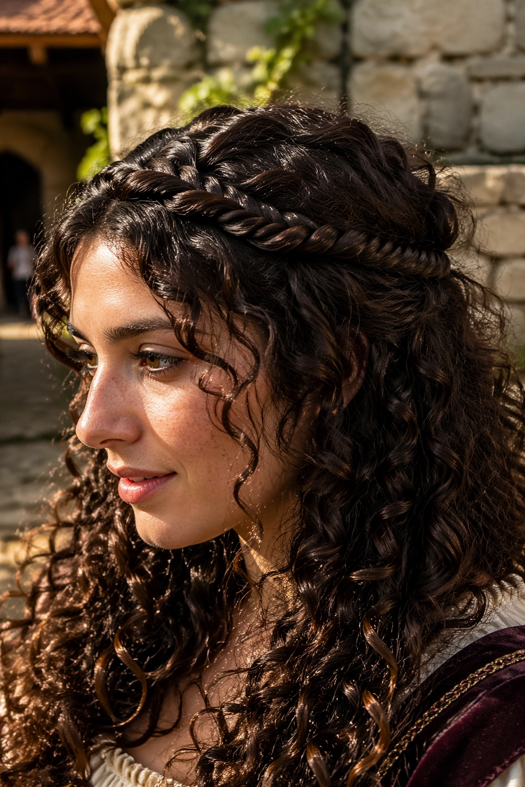 Close-up of a real person wearing a twisted rope crown on thick curly hair at a sunlit Renaissance faire backdrop