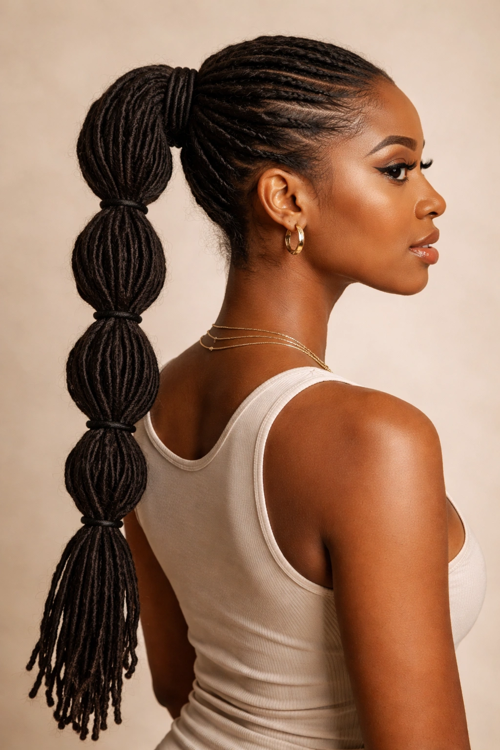 Rope-twisted bubble ponytail on locs with sculpted rope sections