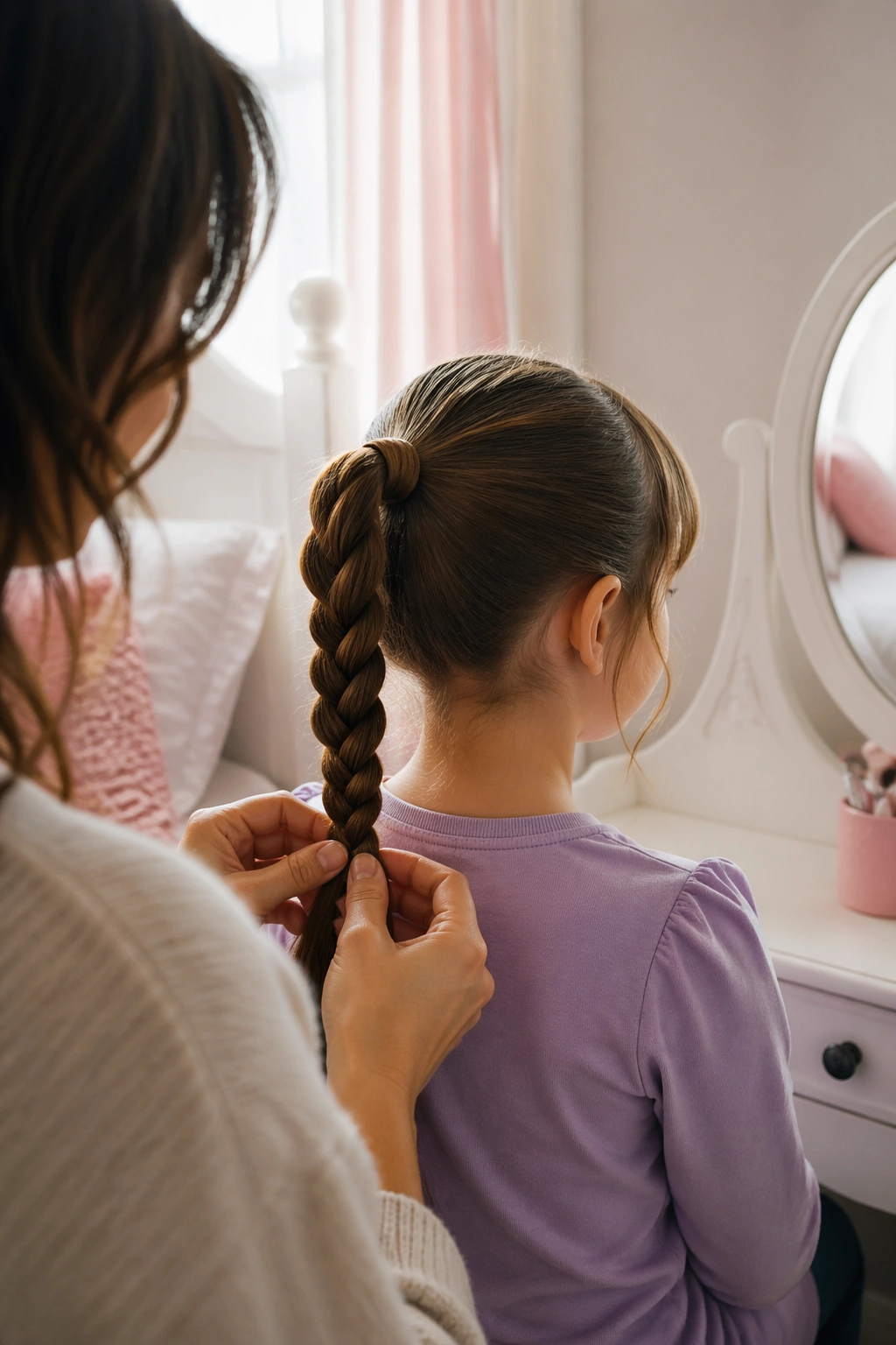 Over-the-shoulder view of rope-twist ponytail with fringe bangs