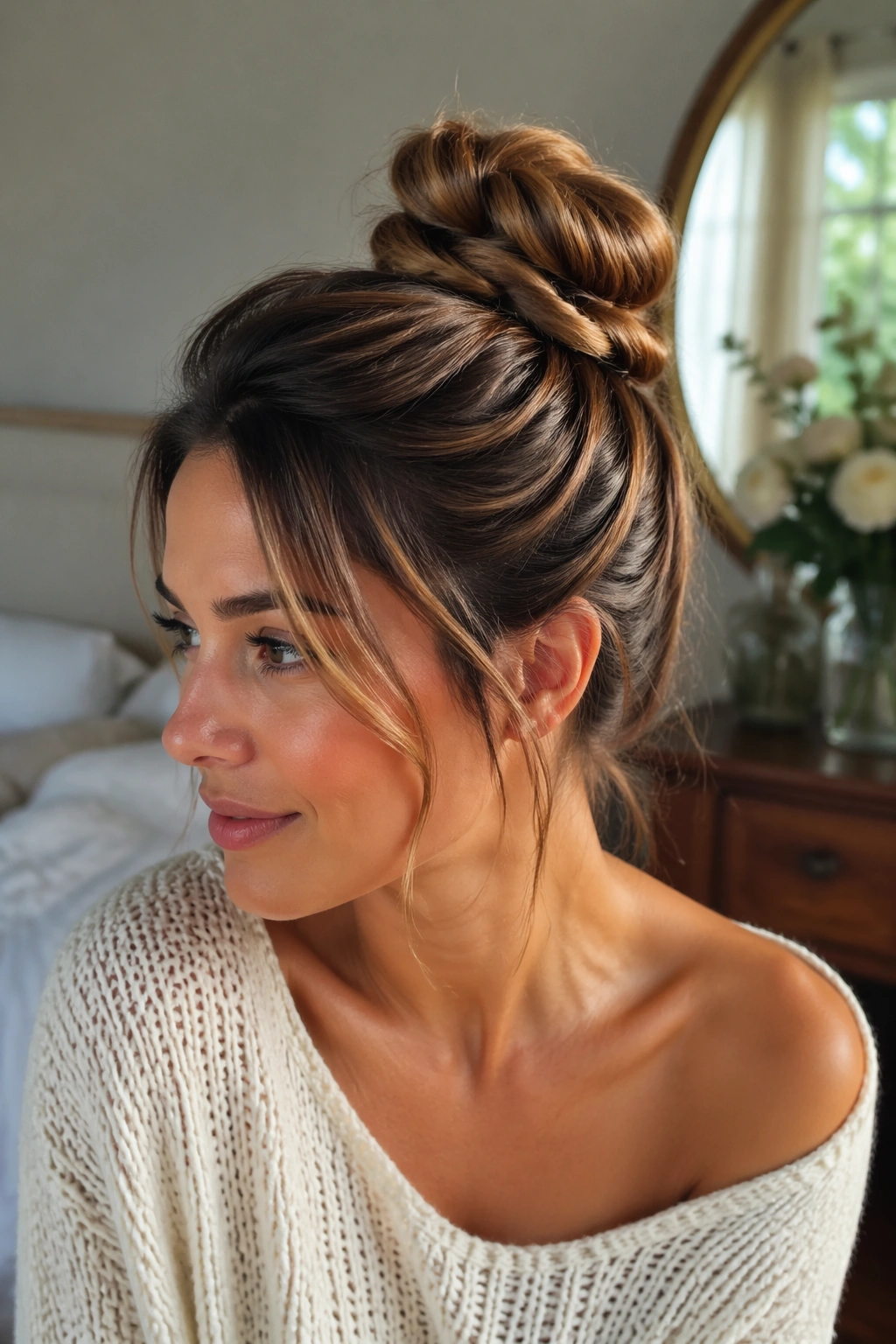 Close-up of a real woman with rope twist half up bun in a warmly lit bedroom