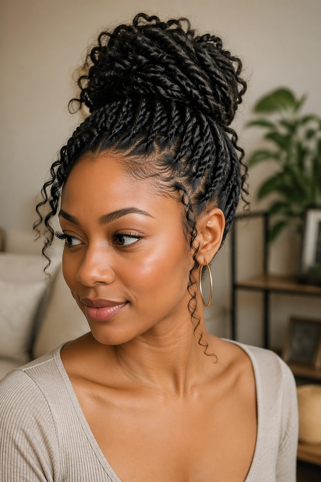 Close-up of rope-twist bun with fanned-out finish on a real woman