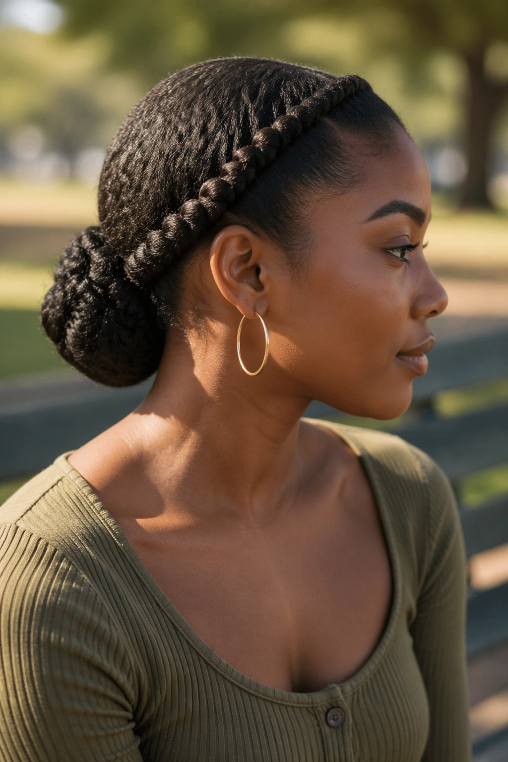 Close-up of a real woman's head with rope-twist twists forming a bun at the nape in a park setting.