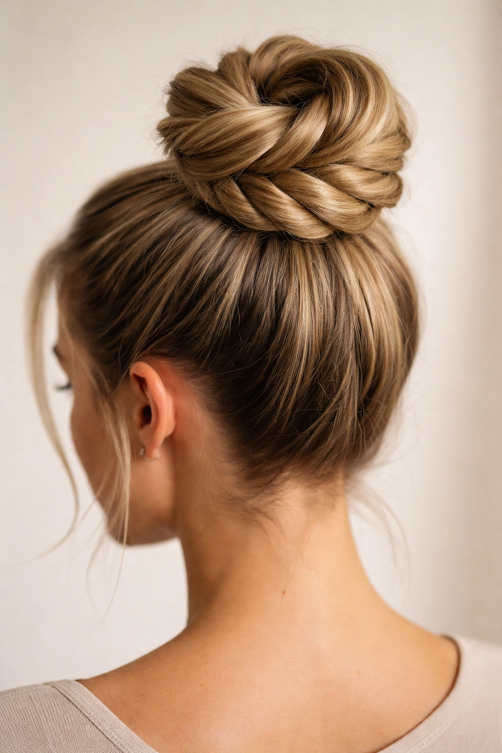 Close-up of a rope-twist high bun with two twisted strands wrapped together.