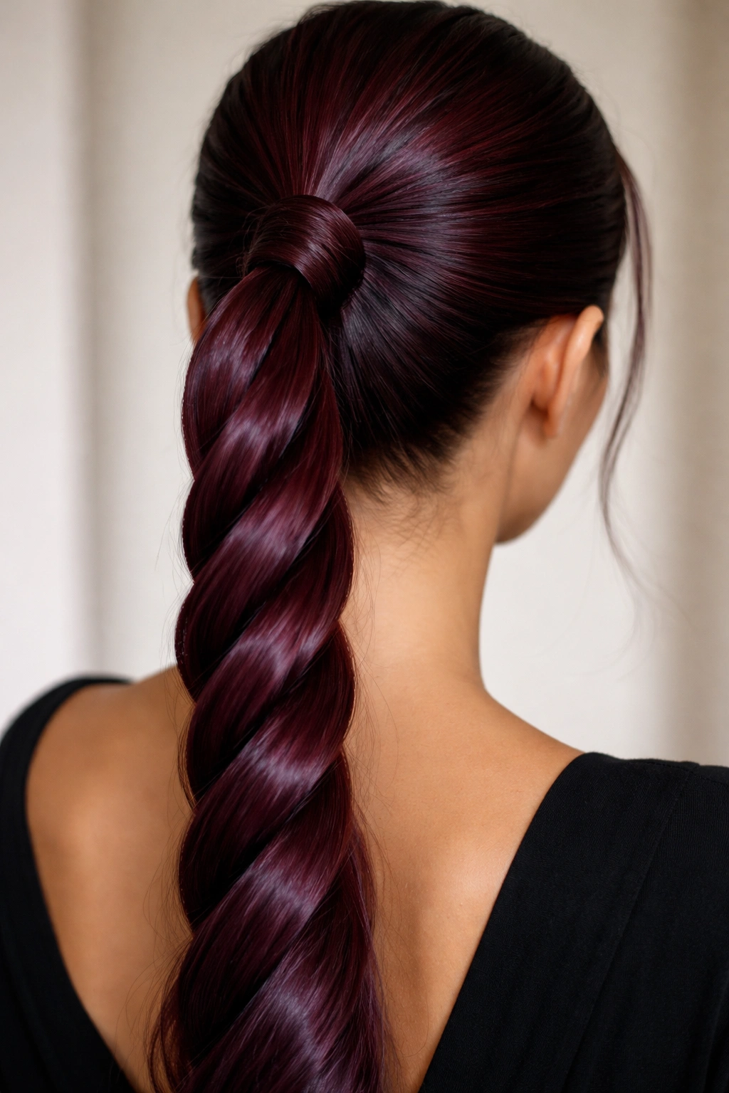 Close-up of burgundy rope-twist ponytail with mirror-like shine