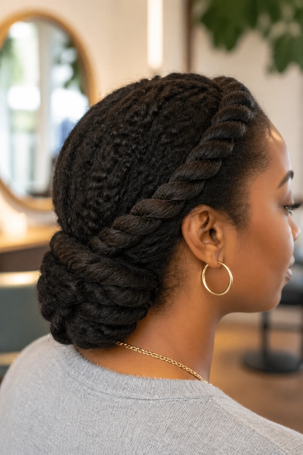 Portrait of a woman with rope twists coiled into a low chignon at the nape