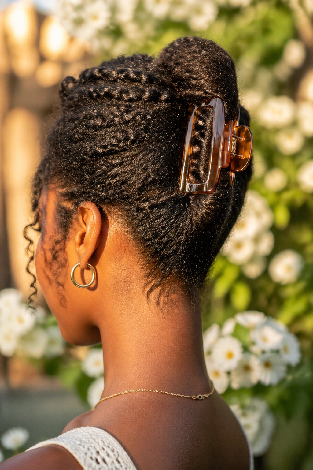 Close-up of a real woman showing a single large rope twist secured by a clip