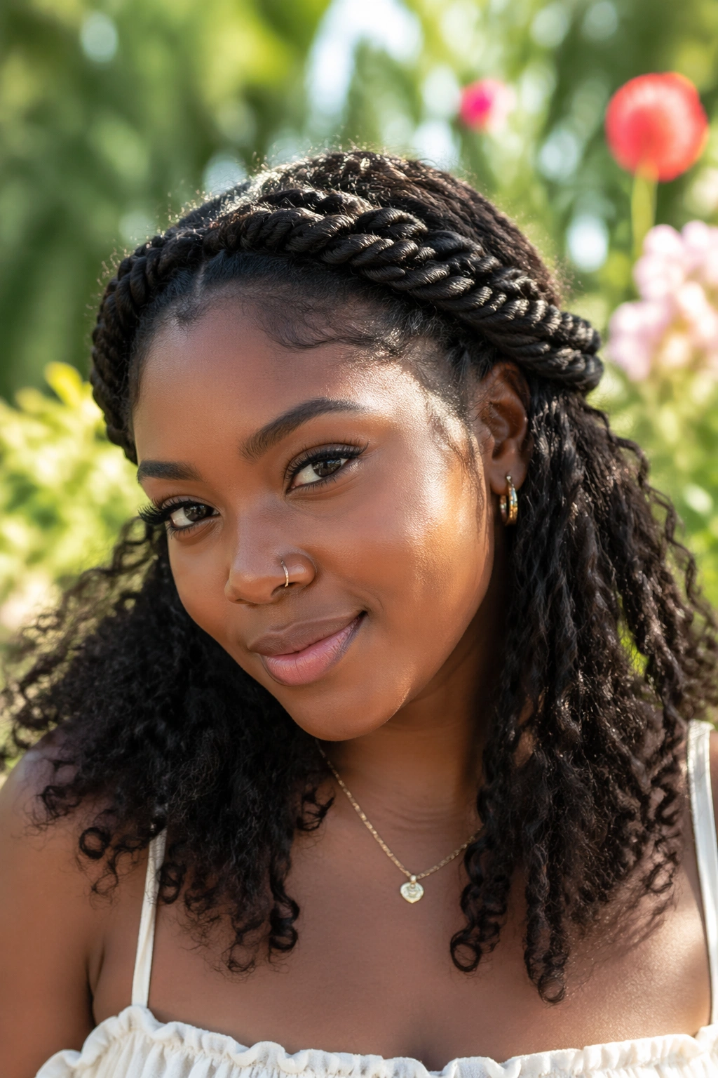Close-up of real woman with rope twist crown and loose curls
