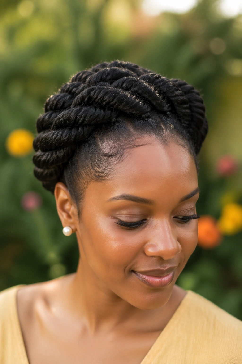 Close-up of a real person wearing a rope-twist crown hairstyle