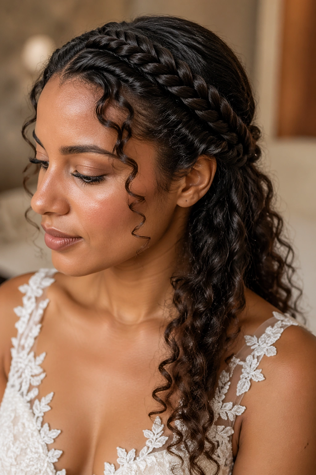 Bride wearing a rope-twist crown with loose curls at the back