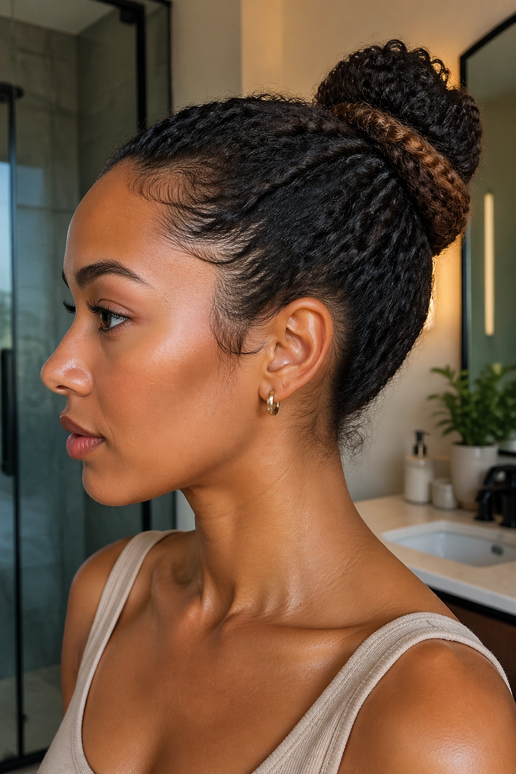 Side-profile of a real woman with a rope-twist curly bun