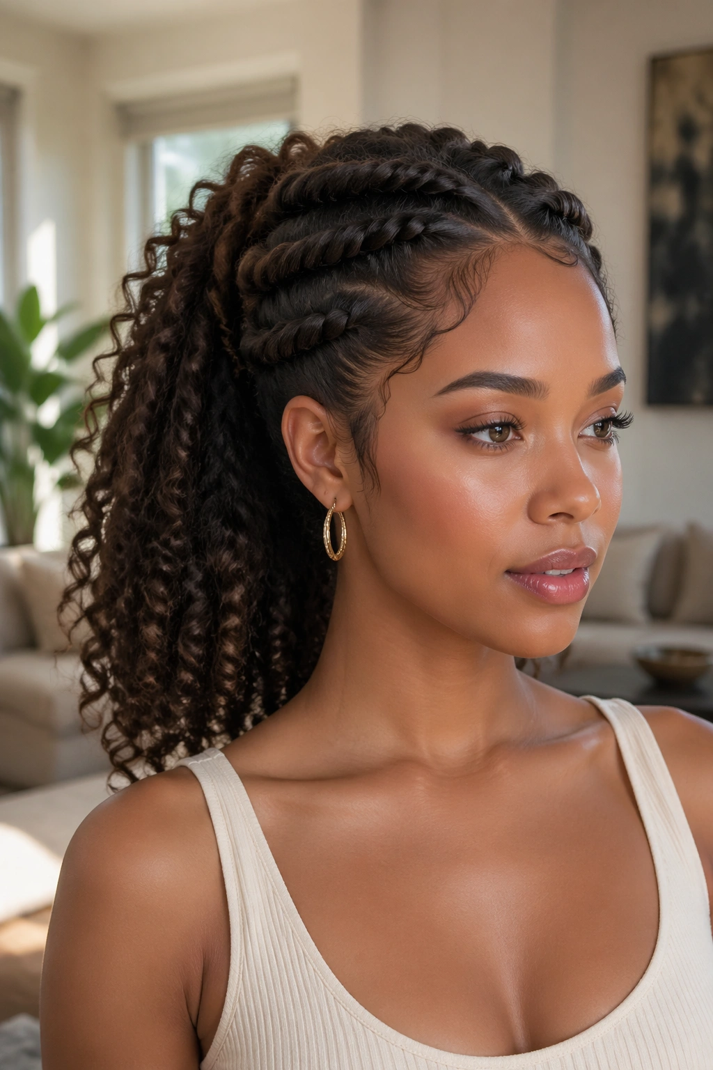 Close-up of a real woman with a rope-twist faux ponytail in warm living room light