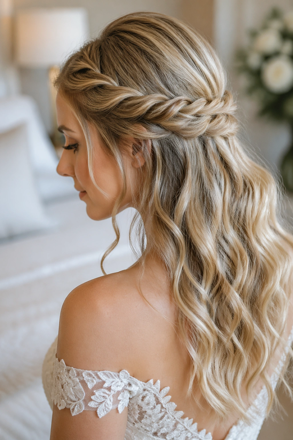 Close-up of a real bride showing rope-twist half-up for fine hair