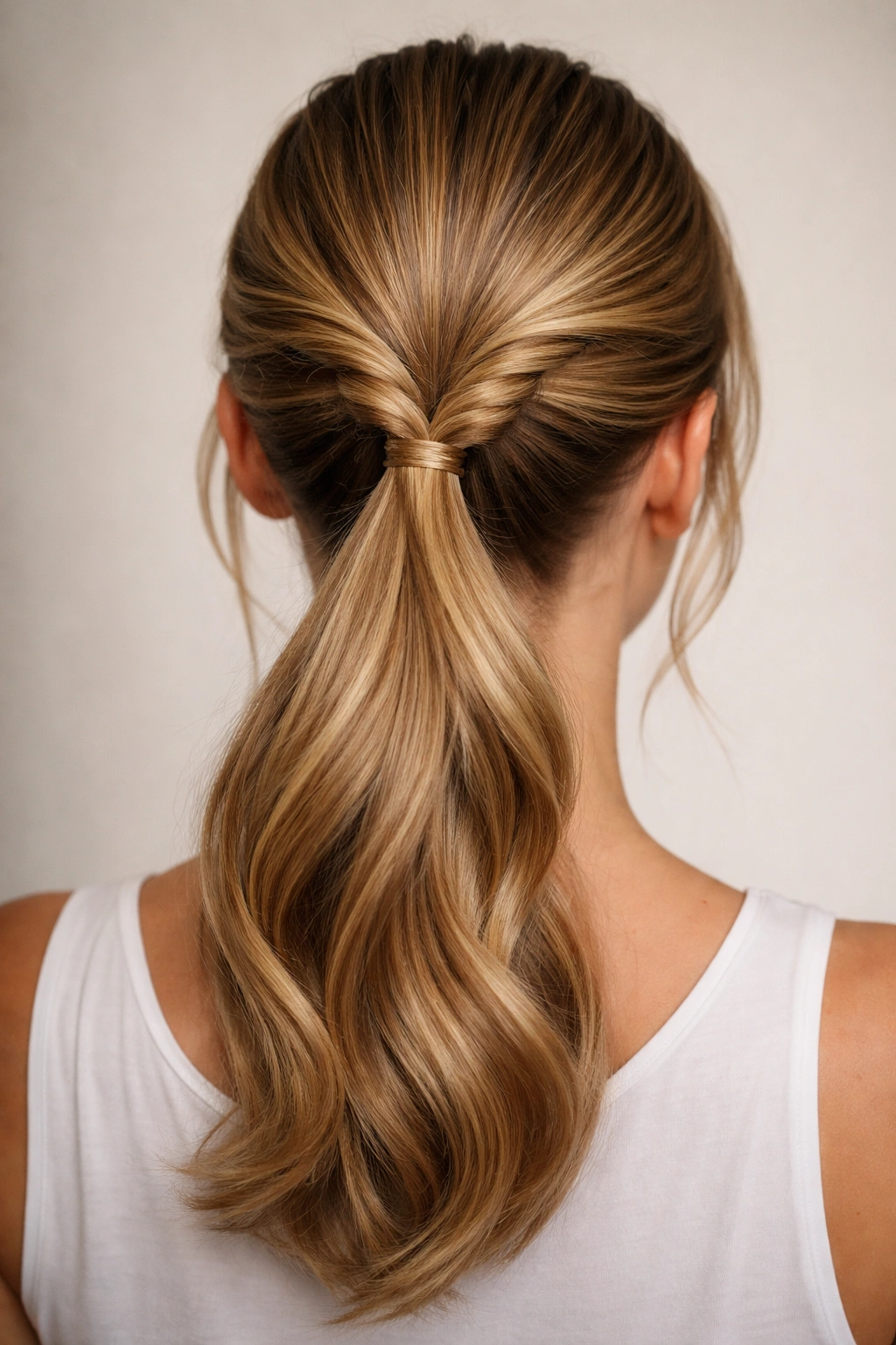 Close-up of rope-twist mid ponytail with two symmetrical twists secured at the base