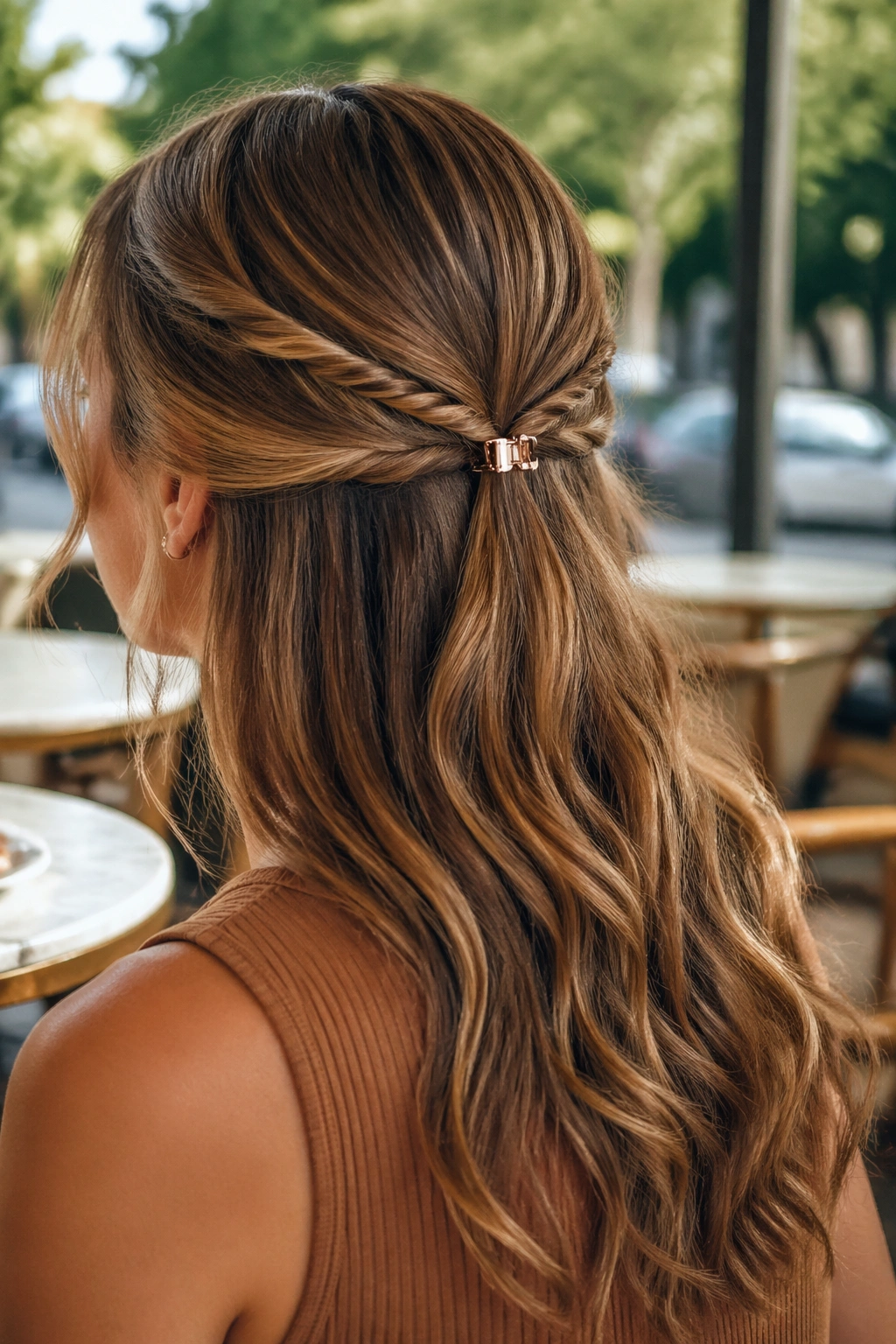 Close-up portrait of a real woman with rope twists pulled into a center clip.