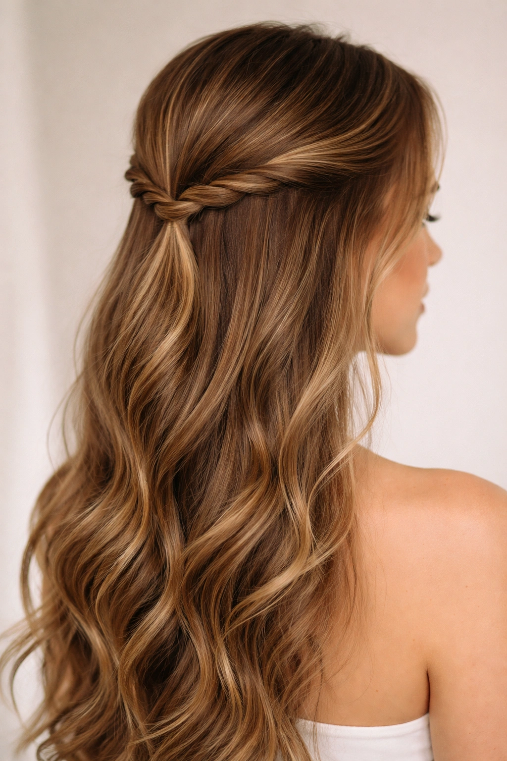 Rope twist half-up hairstyle with two twisted sections pinned at the back