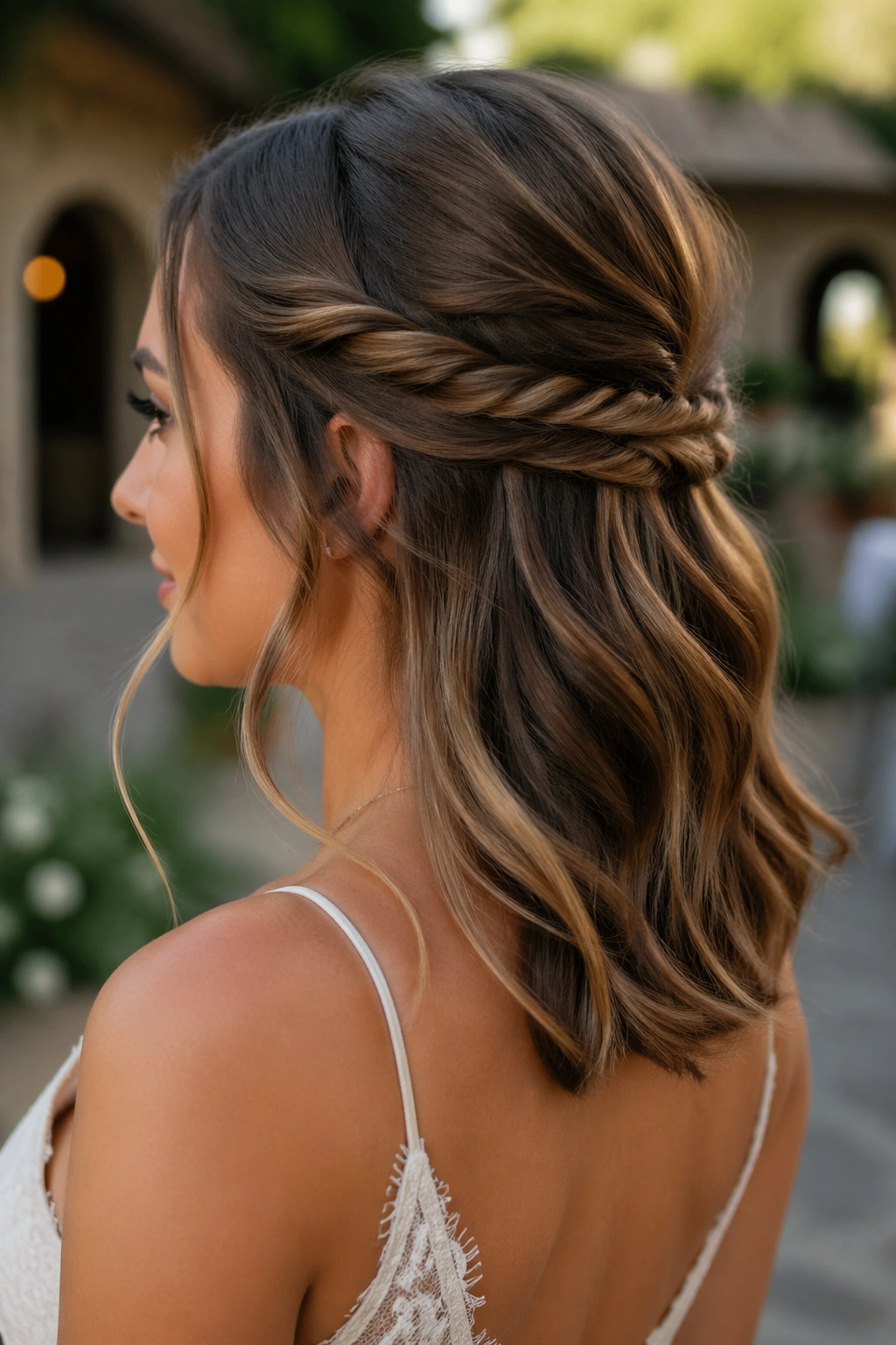 Close-up of a real bride with rope twist half-up hairstyle