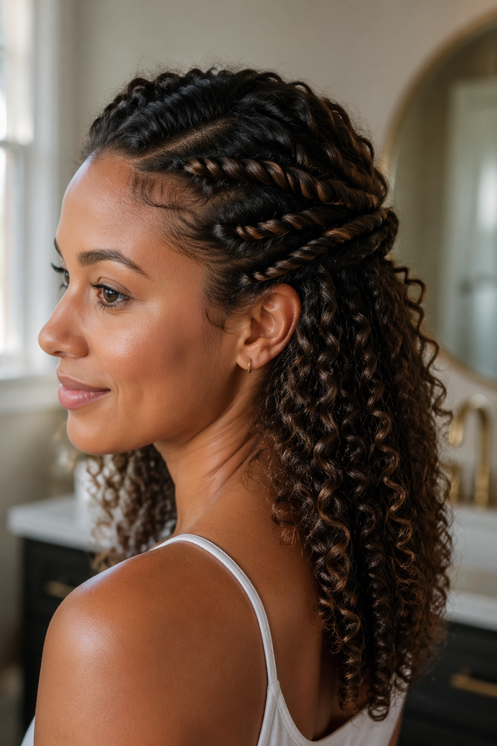 Close-up of a real woman with rope-twist accent half-up hairstyle showing temple twists and back twist